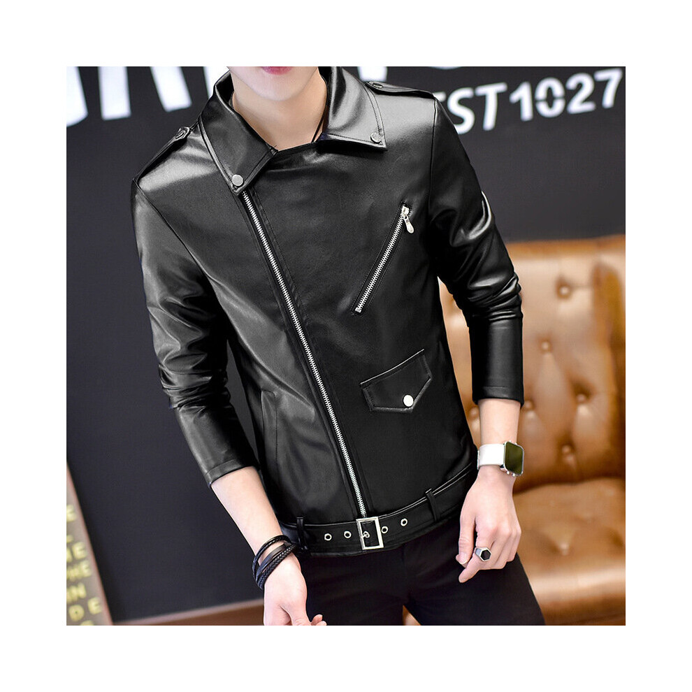 Men's Rivet Oblique Zipper Motorcycle Leather Clothing Youth Pu Leather Slim Handsome Lapels Leather Clothing Black 885658540005