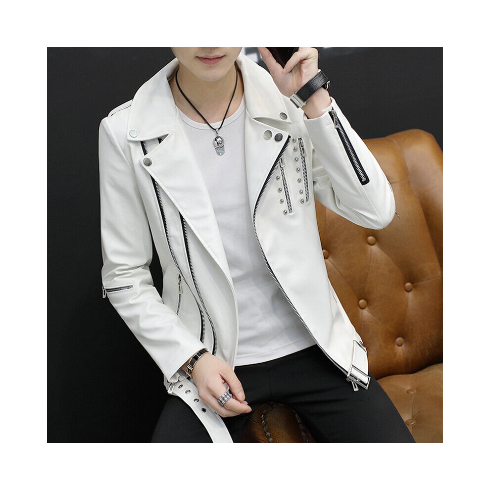 Men's And Handsome Motorcycle Pu Leather Jacket Youth Lapel Rivet Diagonal Zipper Slim Leather Jacket Black 885658541675