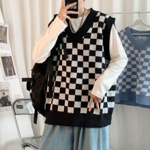 Men Knitted V Neck Japanese Vintage Loose Sleeveless Plaid Vests Pullovers Chaleco Hombre Checkerboard Sweater Vest