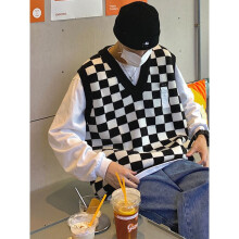V-neck plaid vest for men Harajuku loose sleeveless sweater American street BF women streetwear