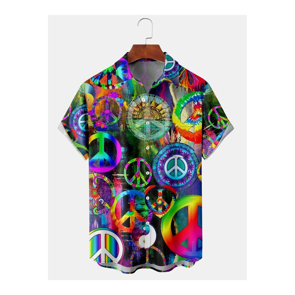 Molilulu Mens Hippies Peace & Love Print Front Buttons Soft Breathable Chest Pocket Casual Hawaiian Shirts-image-OPC-PBR66KK-NEW