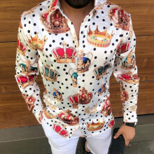 Uomo Autunno Casual Dot Crown Fiore Stampa Manica Lunga Seta Camicia US Dimensioni S-3XL