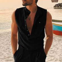 Summer Men Shirts Sleeveless Casual Button Down Round Neck Solid Tank Top Shirt With Pocket Beach Hawaiian Shirts Clothing Male