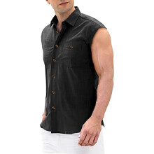 Men's Summer Solid Colors Sleeveless Cotton Linen Breathable Turn-down Collar Button Blouse Casual Comfortable Tank Top Shirt#g3