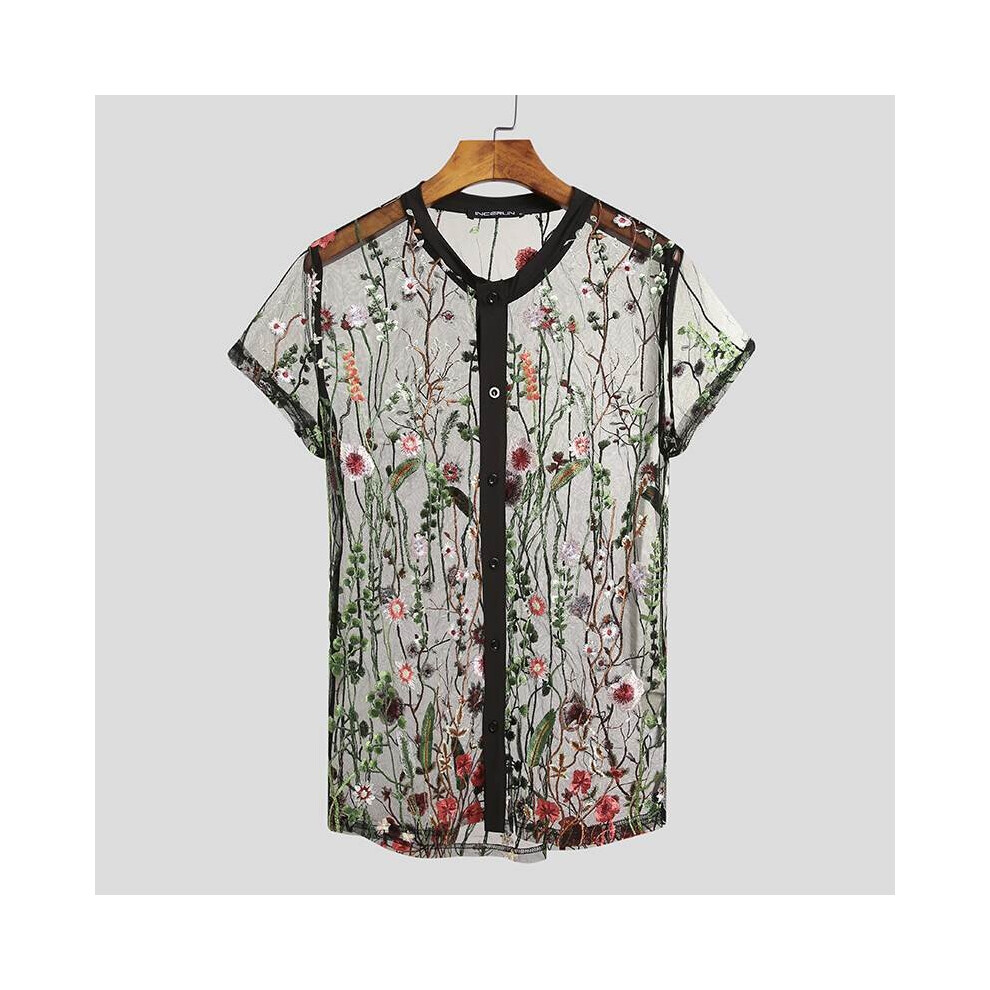 Men Mesh Shirts Embroidered Short Sleeve Breathable Sexy See Through Tops Button Party Nightclub Shirts 5XL