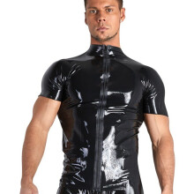 Mens Wetlook PVC Leather T Shirts Tops Punk Tight Fitness Clothing Short Sleeve Zipper Mens Stage Tops Sexy Party Clubwear