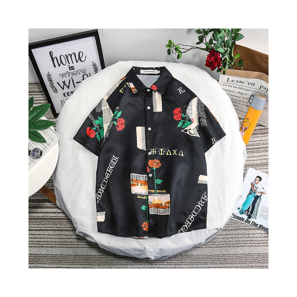 Short Sleeve Shirt Men's Personality Loose Handsome Printed Rose Flower Top Short Sleeve Shirt Mens-image-OPC-PBR696K-NEW