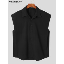 Men Shirt Lapel Sleeveless Solid Loose Button Camisas Streetwear Breathable Casual Men Vests S-5XL