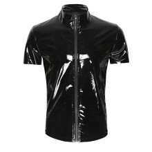 Sexy Men's Latex Tops Faux PVC Leather Metallic Top Zipper Open Front Tops Short Sleeves Faux Leather Shirts