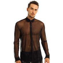 Mens See Through Mesh Long Sleeve Clubwear Turn-down Collar Top Shirt for Club Evening Party WetLook Shirts