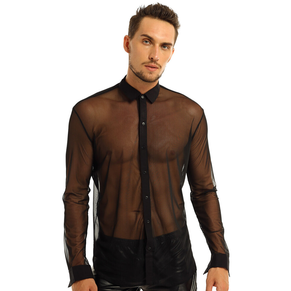 Black Mens See Through Mesh Long Sleeve Clubwear Turn-Down Collar Top Shirt For Club Evening Party Wetlook Shirts