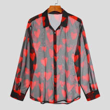 Men Shirt Printed Mesh Transparent Lapel Long Sleeve Streetwear Party Nightclub Shirts Sexy Casual Camisa 7