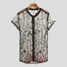 Men Mesh Shirts Embroidered Short Sleeve Sexy See Through Tops Button Breathable Party Nightclub Shirts 5XL