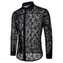 Men Sexy Mesh Shirts Long Sleeve Solid Lace See Through Clubwear Buttons Down Shirt Party Transparent Shirt Tops Chemise