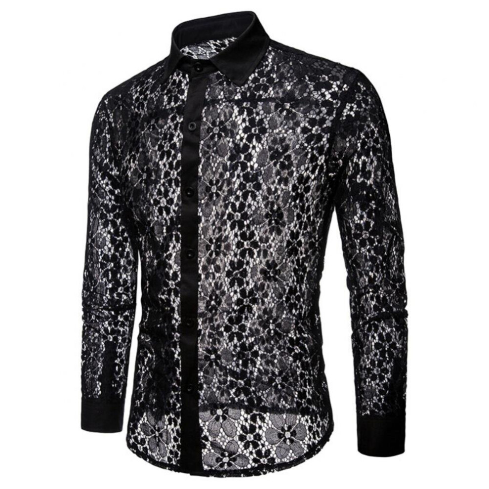 Black Men Sexy Mesh Shirts Long Sleeve Solid Lace See Through Clubwear Buttons Down Shirt Party Transparent Shirt Tops Chemise