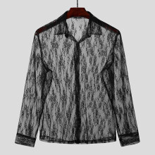 Men Mesh Shirt See Through Sexy Long Sleeve Lapel Button Blouse Streetwear Party Nightclub Shirts Camisas S-5XL