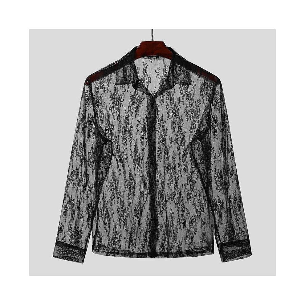 Men Mesh Shirt See Through Sexy Long Sleeve Lapel Button Blouse Streetwear Party Nightclub Shirts Camisas S-5XL