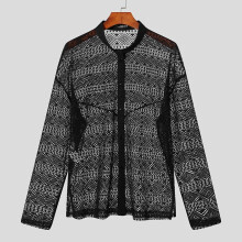 Men Mesh Shirt Lace Transparent Stand Collar Long Sleeve Shirts Streetwear Sexy Party Nightclub Camisas 7