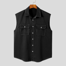 Men Shirt Solid Lapel Sleeveless Streetwear Button Pockets Casual Shirts Summer Leisure Camisas 5XL 7