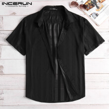 INCERUN Striped Sexy Shirt Men Transparent Short Sleeve Button Tops See Through Party Nightclub Men Shirts S-5XL