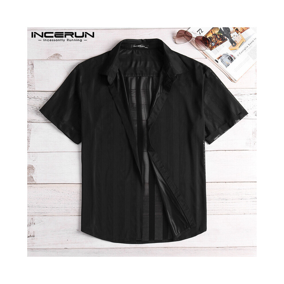 INCERUN Striped Sexy Shirt Men Transparent Short Sleeve Button Tops See Through Party Nightclub Men Shirts S-5XL