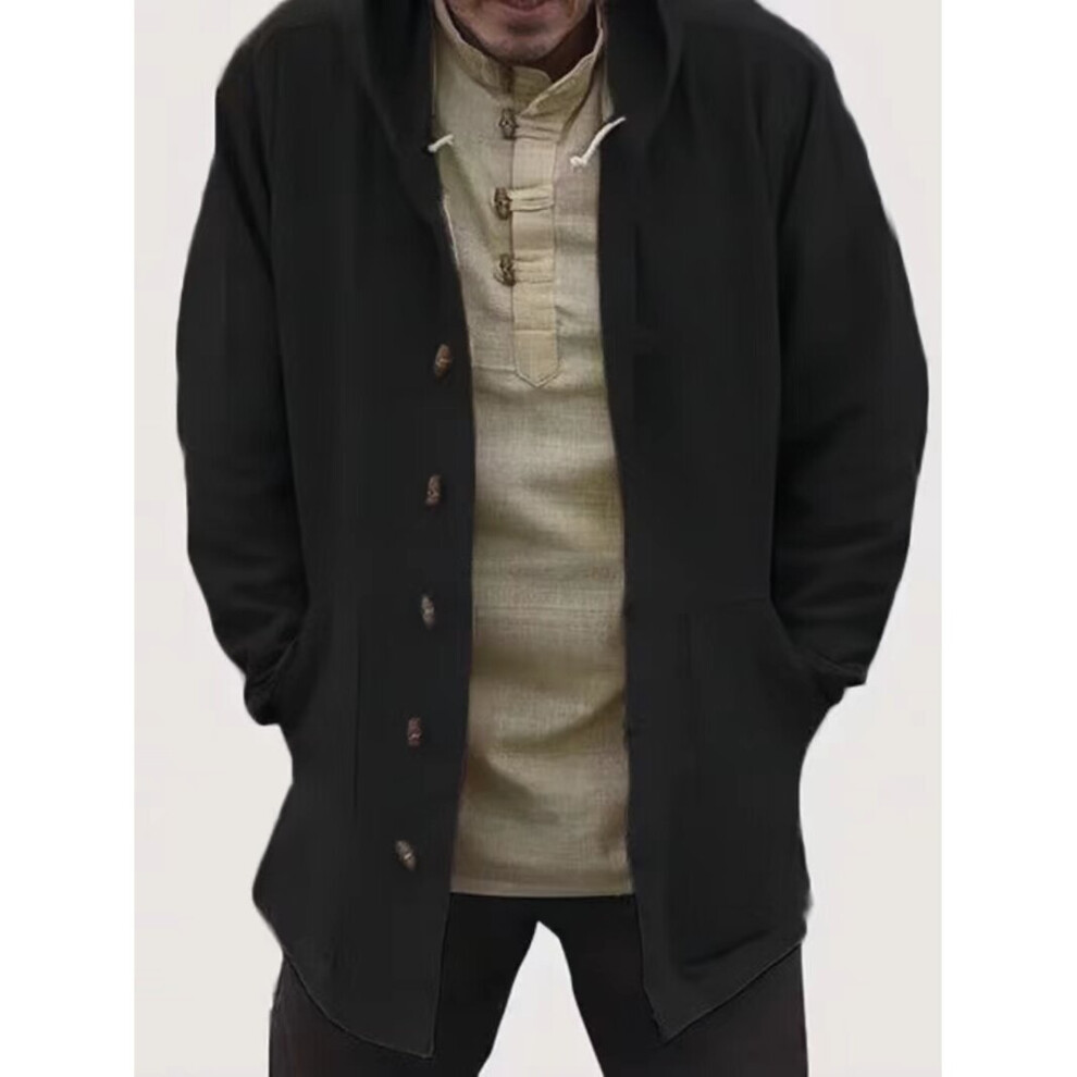 Spring and Autumn men's cotton and linen retro hooded loose long sleeve solid casual shirt coat-image-OPC-PBR6BMQ-NEW