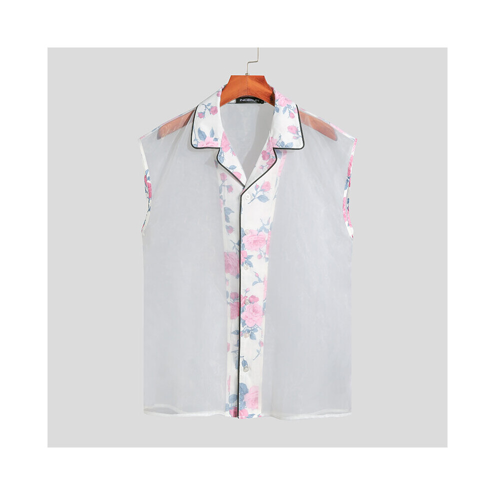 Men Shirt Mesh Patchwork Lapel Sleeveless Transparent Sexy Camisas Streetwear Leisure Men Clothing S-5XL 7