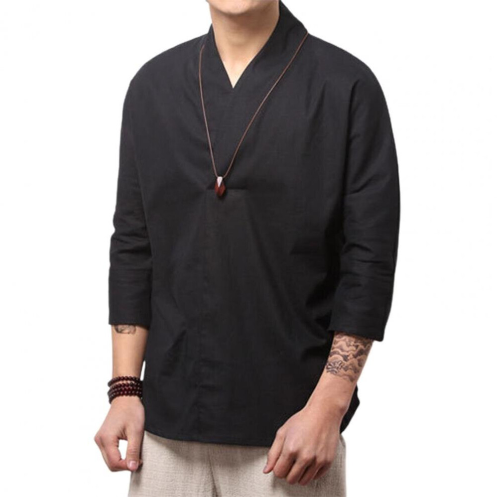 Men Shirt Chinese Style V Neck Men Top Loose Three Quarter Sleeve Spring T-shirt For Daily Wear-image-OPC-PBR6B8B-NEW