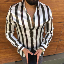 Men AutumnShirts Striped Casual Business Streetwear Slim Fit Long Sleeve Shirt TopsSilk Satin Blouse