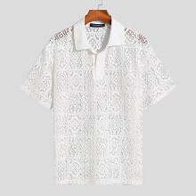 Men Shirt Lapel Short Sleeve Lace Hollow Out Streetwear See Through Camisas Sexy Casual Men Clothing S-5XL