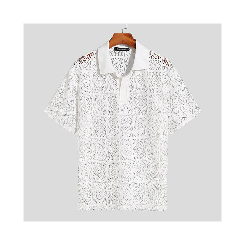 Men Shirt Lapel Short Sleeve Lace Hollow Out Streetwear See Through Camisas Sexy Casual Men Clothing S-5XL