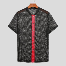 Men Mesh Shirt See Through Patchwork Short Sleeve Button Casual Sexy Tops Streetwear Men Clothing Party Nightclub Camisas