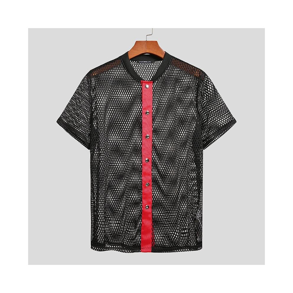 Men Mesh Shirt See Through Patchwork Short Sleeve Button Casual Sexy Tops Streetwear Men Clothing Party Nightclub Camisas
