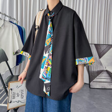 Summer Men Solid Blouse Harajuku Streetwear Leisure Loose Half Sleeves Shirt Matching Necktie Young Boys Daily Clothes