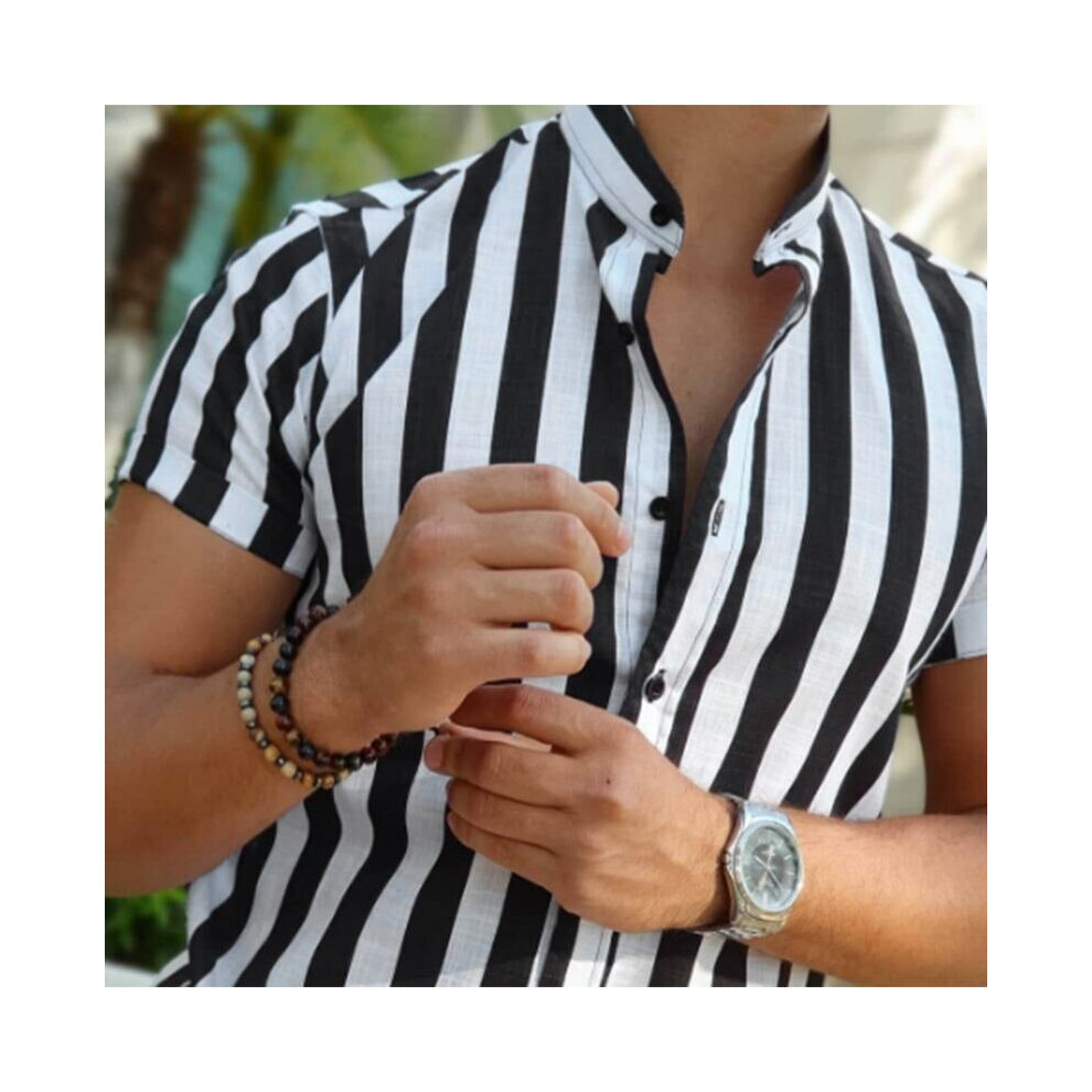Men's Multicoloured European And American Casual Short-Sleeved Shirts Stand-Up Collar Striped Shirts