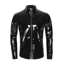 S-7XL Mens Sexy Glossy PVC Leather Shirt Erotic Shaping Sheath Latex Casual Male Metallic Patent Leather Jacket Tops