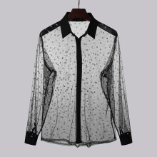 Style Men Shirt Sexy See-through Mesh Long Sleeve Lapel Party Nightclub Shirts Streetwear Blouse 5XL
