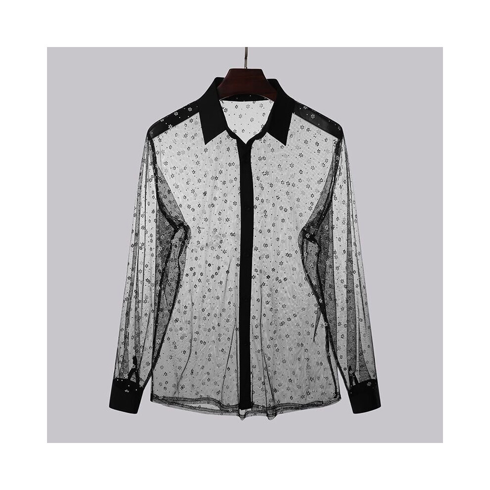 Style Men Shirt Sexy See-through Mesh Long Sleeve Lapel Party Nightclub Shirts Streetwear Blouse 5XL