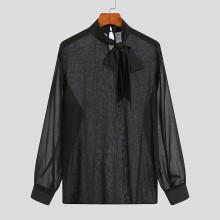 Men Shirt Mesh See Through Tie Lace Up Solid Stand Collar Long Sleeve Sexy Men Clothing Camisas S-5XL