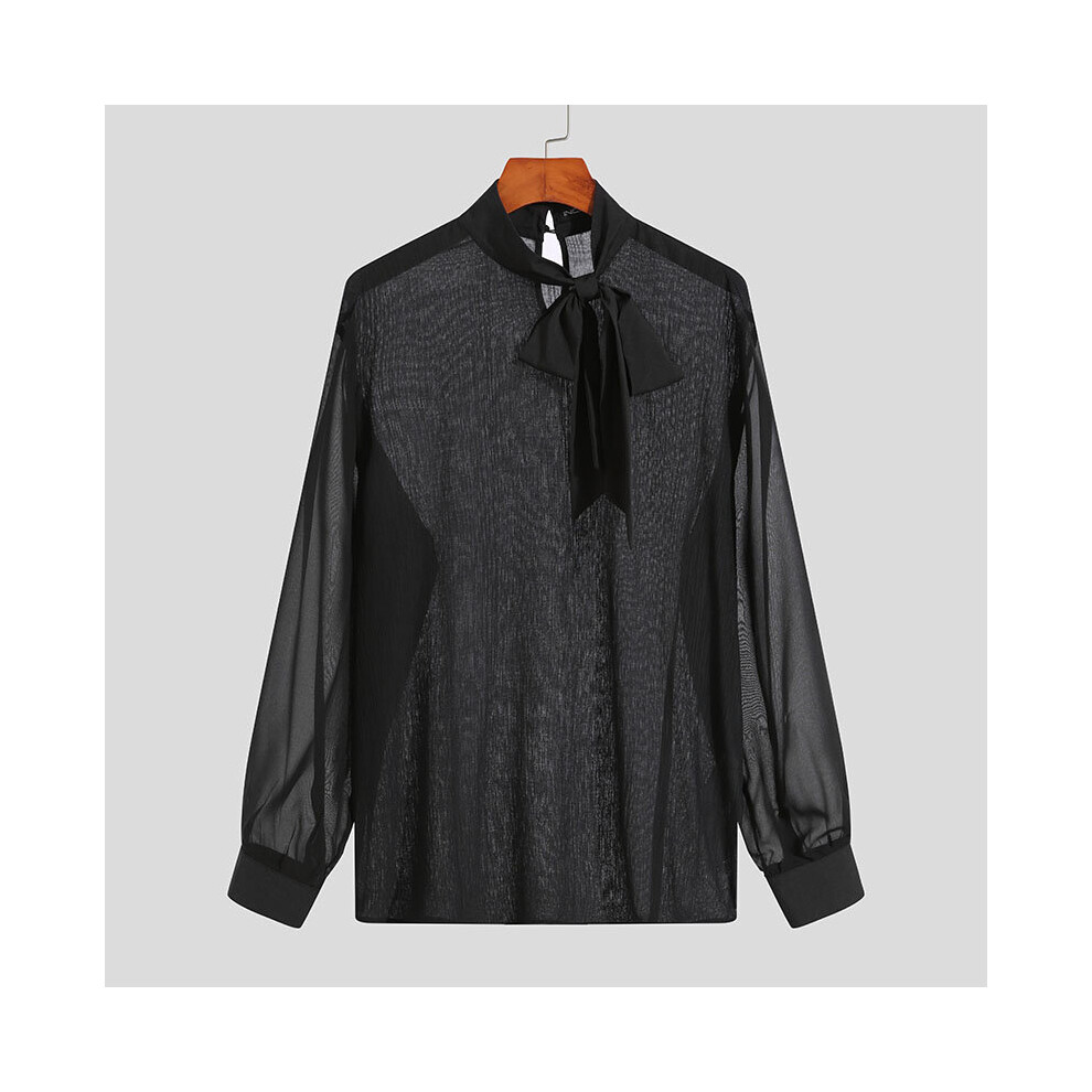 Men Shirt Mesh See Through Tie Lace Up Solid Stand Collar Long Sleeve Sexy Men Clothing Camisas S-5XL