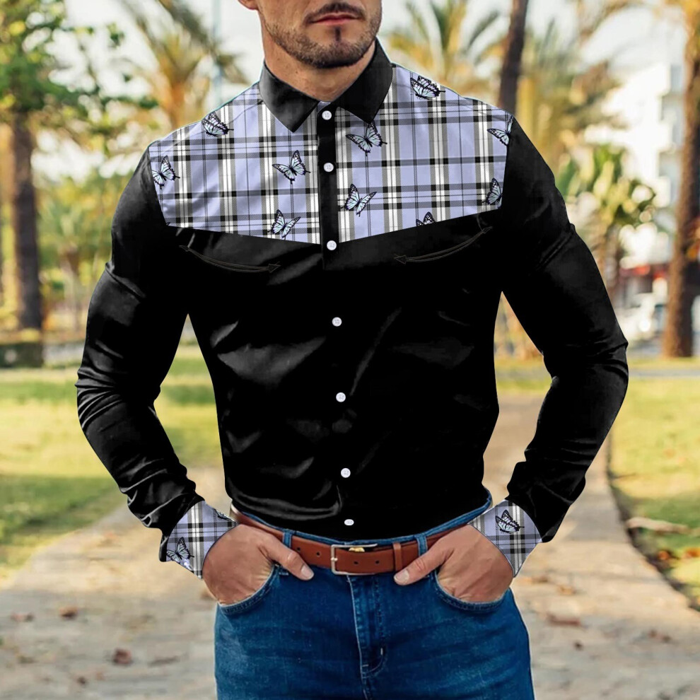 Corduroy Button down Men Mens Casual Plaid Butterfly Stitching Lapel Button Cuffs Long Sleeve Shirt Men Shirt Cotton-image-OPC-PBR6DGY-NEW