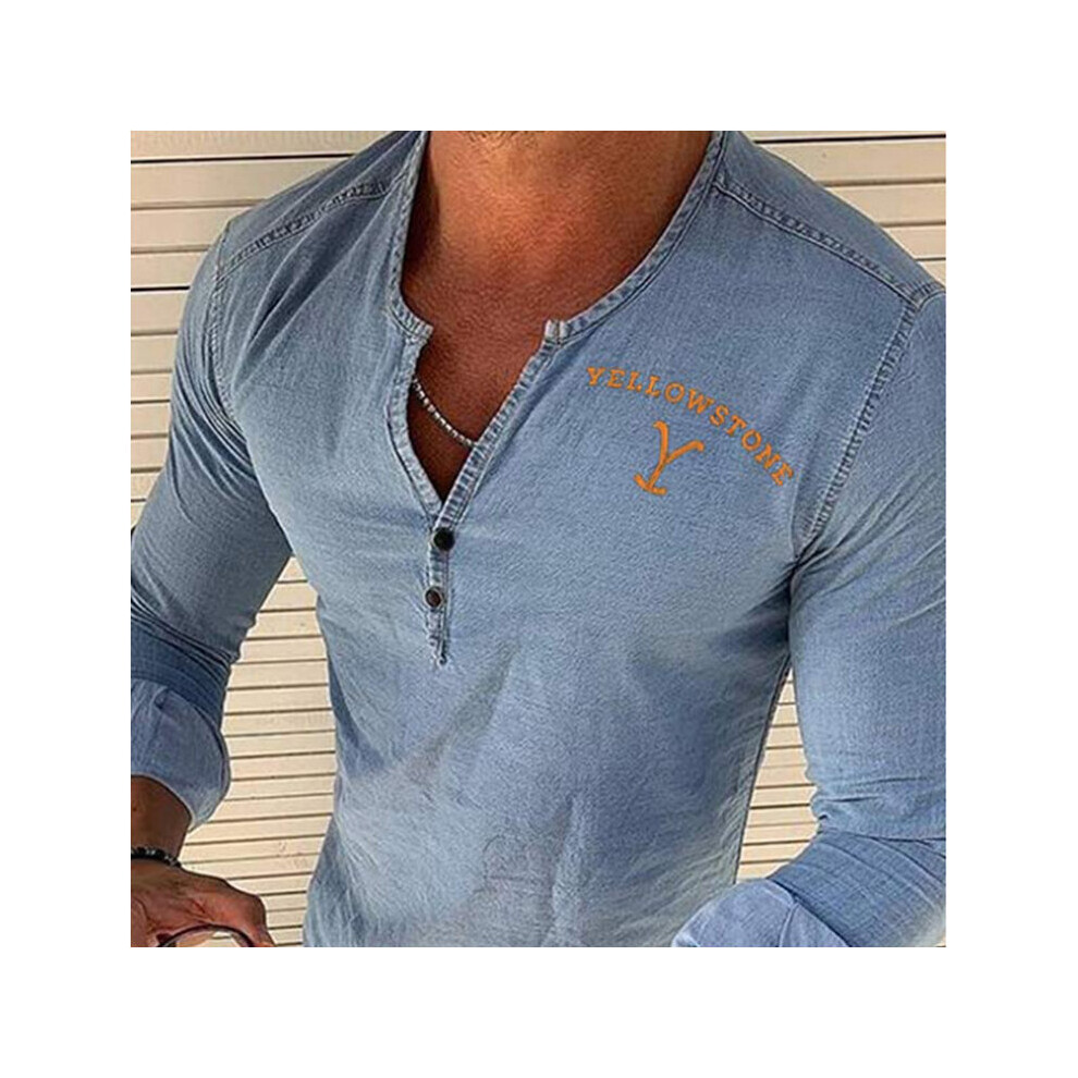 Printed Washed Men's Denim Shirts V Neck Hollow Out Lace Up Casual Short Sleeve Vintage Autumn Sexy Men Tops-image-OPC-PBR6F9F-NEW