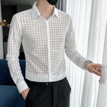 Sexy Transparent Mesh Long Sleeved Shirts for Men Party Night Club Plaid Printed Slim Fit 4XL Mens Dress Shirt Plus Size
