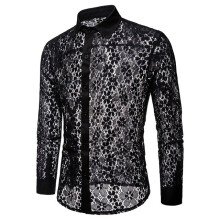 Sexy Floral Lace See Through Shirt Men Long Sleeve Blouse Streetwear Male Turn-Down Collar Casual Slim Shirt