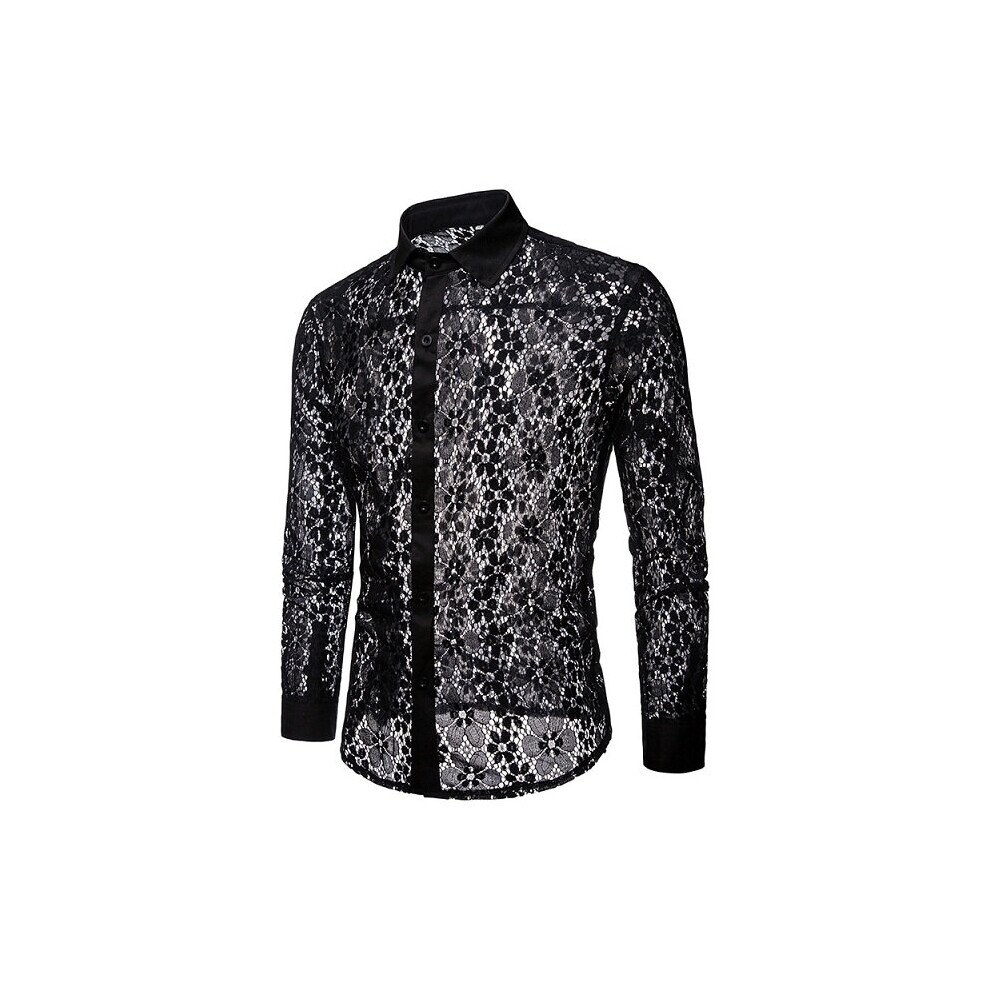 Black Sexy Floral Lace See Through Shirt Men Long Sleeve Blouse Streetwear Male Turn-Down Collar Casual Slim Shirt