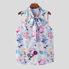 Men Shirt Flower Print Lace Up Sleeveless Summer Streetwear Button Casual Camisa Masculina Vacation Shirts