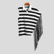 Men Shirt Striped Patchwork Tassel Lapel Streetwear Sleeveless Irregular Shirts Loose Casual Camisas S-5XL