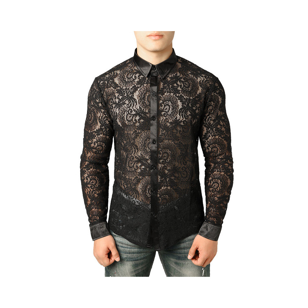 Multicoloured Men's Mesh See Through Fishnet Clubwear Shirts Slim Fit Long Sleeve Sexy Lace Shirt Men Party Event Prom Transparent Chemise 2XL