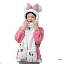 X5XE Cartoon Matching Cat Paw Plush Hat with Attached Scarf and Mittens Combo Warm Three Piece Set for Adults Kids