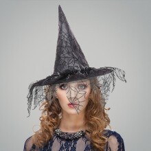 Women Girls Halloween Peaked Cap Red Veil Spiderweb Mesh Witch Hat Halloween Party Costume Accessory Makeup Prop